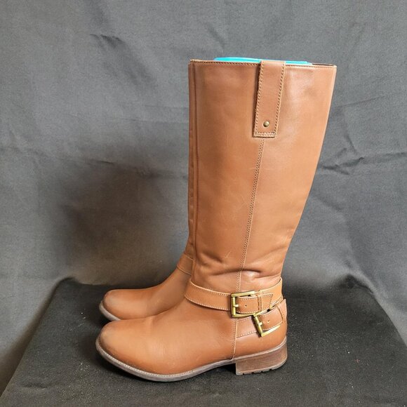 Clarks Brown Leather Knee High Riding Boots Women’s 9M Camel Tan Equestrian Fall - Picture 1 of 9